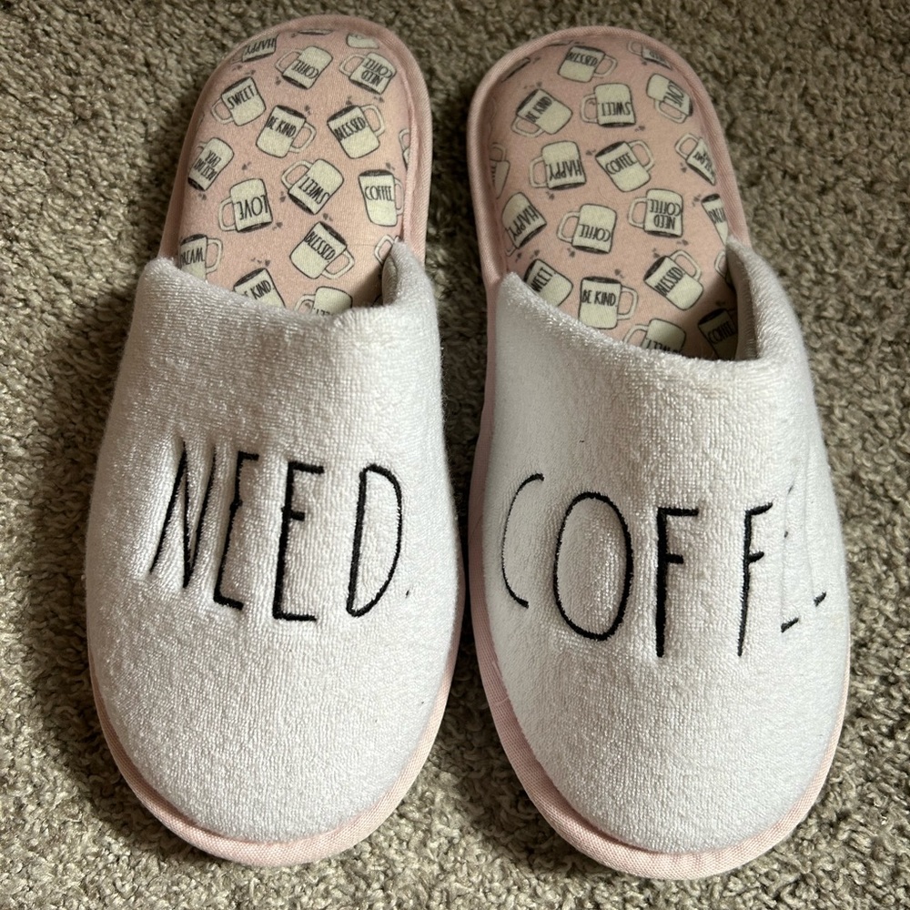 Size 8; Barely worn Rae Dunn Pink and Grey coffee slippers